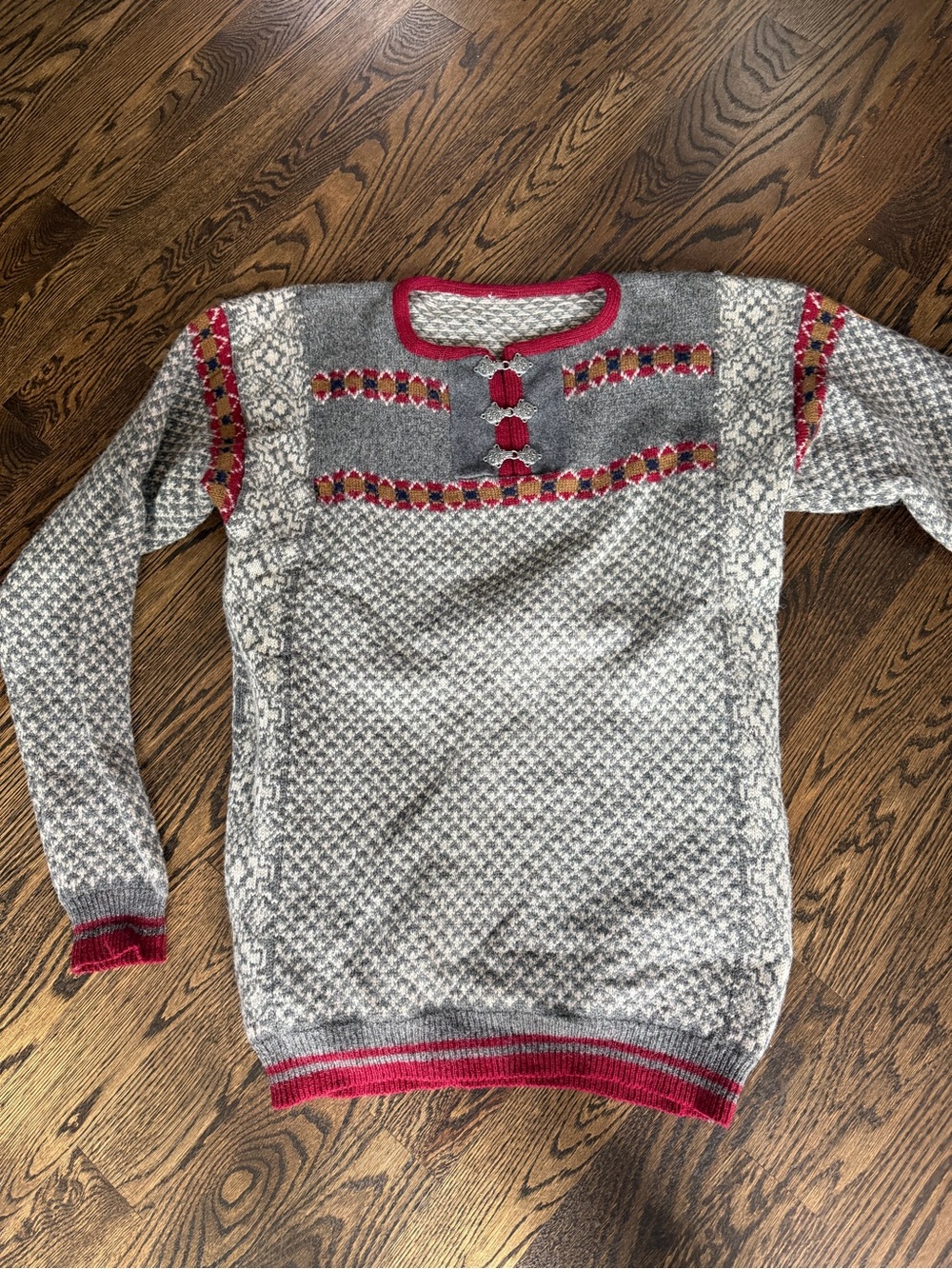 Cozy Nordic-Style Gray and Red Women's Sweater